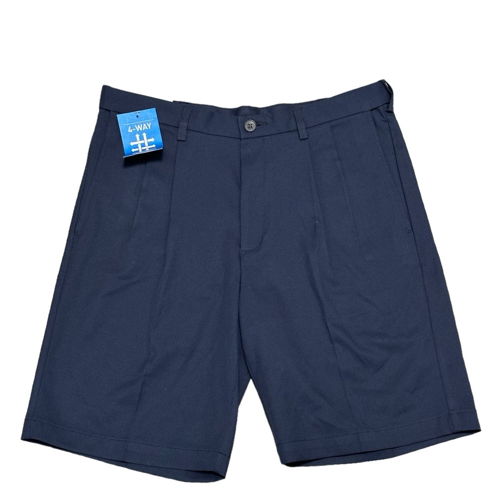 Men's Haggar 34 Medium Chino Khakis Shorts Navy Blue Elastic Waist Golf Pleated - Picture 3 of 8